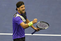 Grigor Dimitrov, of Bulgaria, reacts after scoring a point against Daniil Medvedev, of Russia, during the men's singles semifinals of the U.S. Open tennis championships Friday, Sept. 6, 2019, in New York. (AP Photo/Sarah Stier)