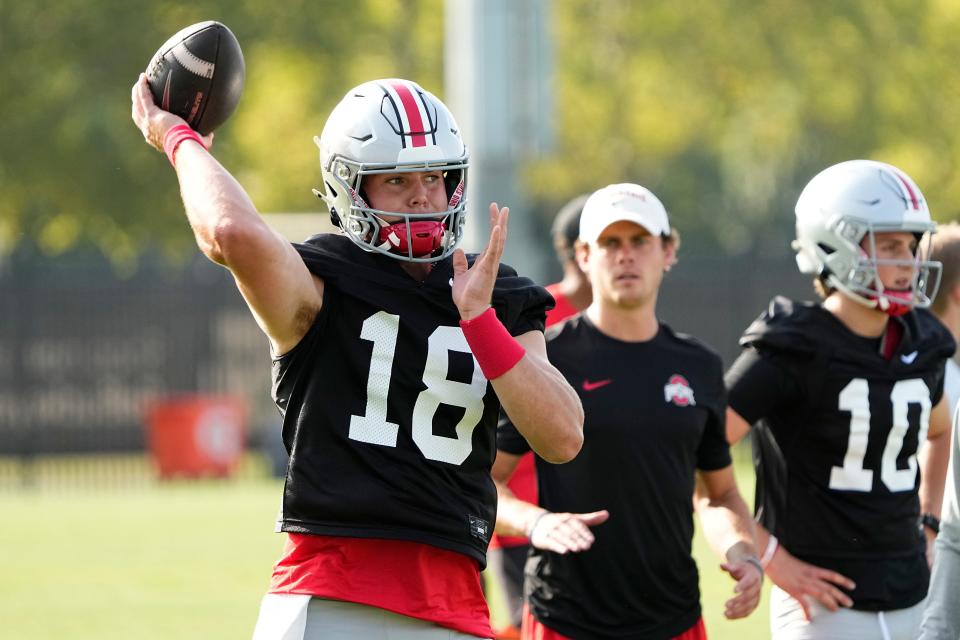 Ohio State Buckeyes quarterback Will Howard throws during the first week of the Buckeyes' fall camp.