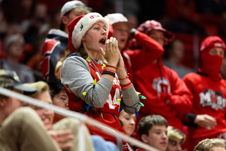 Utah Utes fans cheer during a men’s college basketball game between the University of Utah and Washington State University at the Jon M. Huntsman Center in Salt Lake City on Friday, Dec. 29, 2023. | Megan Nielsen, Deseret News