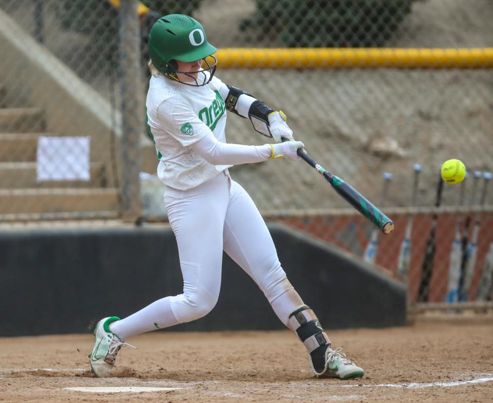 Oregon's Allee Bunker earns a hit during a game at the Mary Nutter Collegiate Classic on Feb. 24 in Cathedral City, Calif.