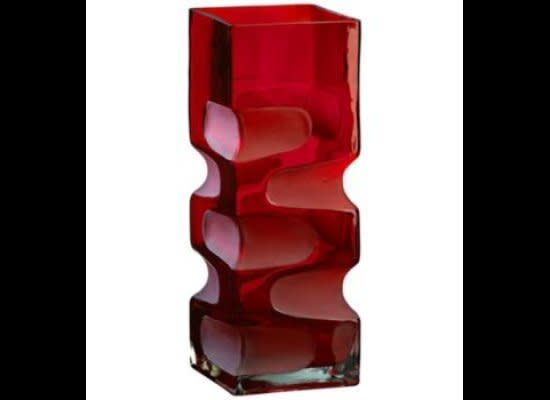 The unusual, <a href="http://www.lampsplus.com/products/small-ruby-etched-vase__u8191.html" target="_hplink">sculptural shape of this vase</a> makes it a great accent piece on a wood side table or fireplace mantle. 