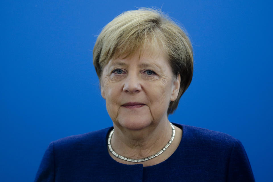 German Chancellor Angela Merkel leads a Christian Democratic Union party's leaders meeting at the party's headquarters a day after the Bavarian state elections, in Berlin, Monday, Oct. 15, 2018. (AP Photo/Markus Schreiber)