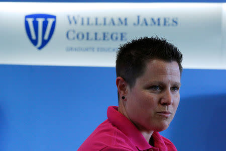 Graduate student and U.S. Army veteran Tara Barney speaks to Reuters at William James College of Psychology, the first in the nation to run a program focusing specifically on training military veterans to treat the mental health problems of their fellow soldiers and veterans, in Newton, Massachusetts, U.S., May 16, 2017. REUTERS/Brian Snyder