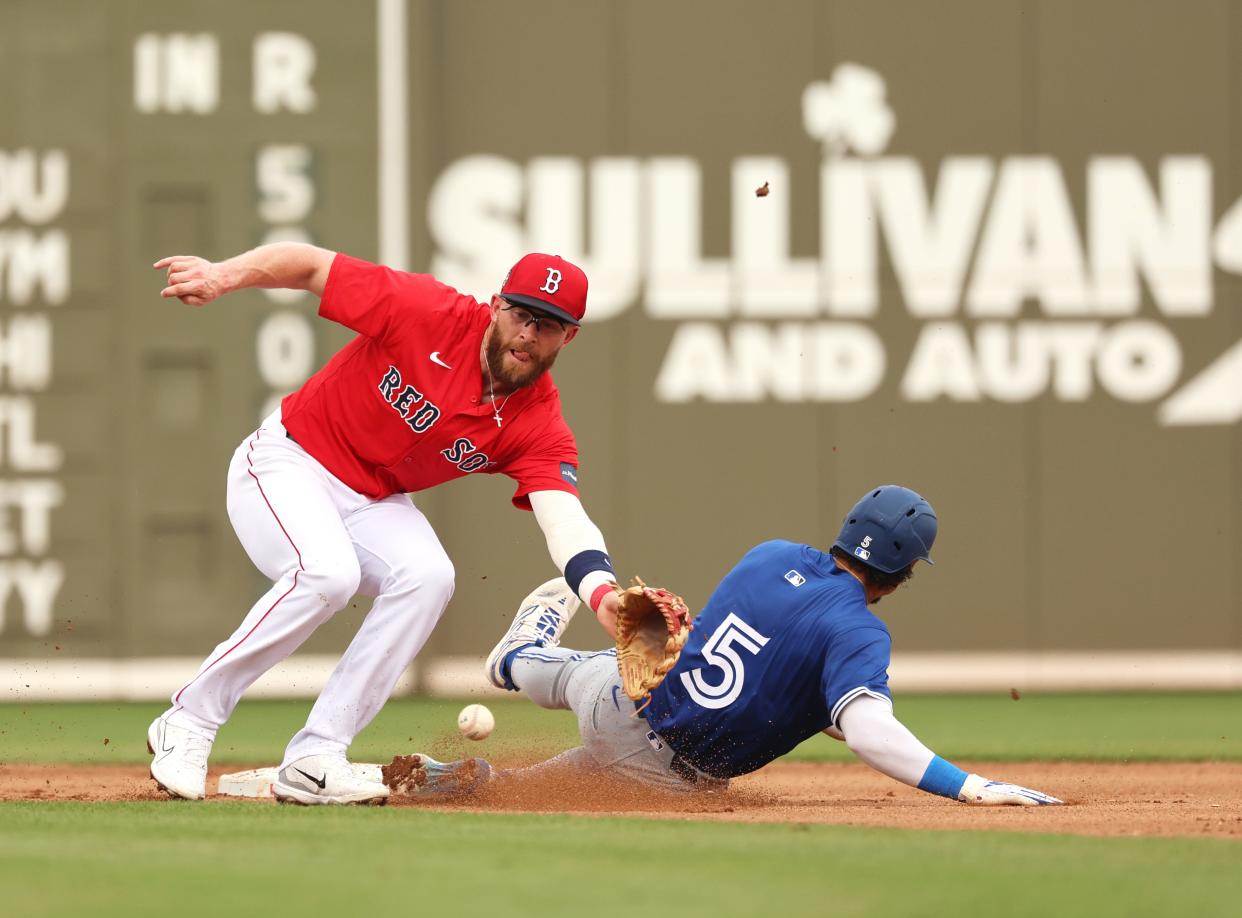 Blue Jays second baseman Santiago Espinal (5) sides safe into second base as Red Sox shortstop Trevor Story waits for the throw during their March 3 spring training game in Fort Myers, Fla.