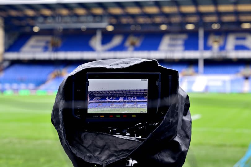 LIVERPOOL, ENGLAND - APRIL 06: A general view of Goodison Park through a broadcast camera screen the Premier League match between Everton FC and Burnley FC at Goodison Park on April 06, 2024 in Liverpool, England. (Photo by Tony McArdle/Everton FC via Getty Images)