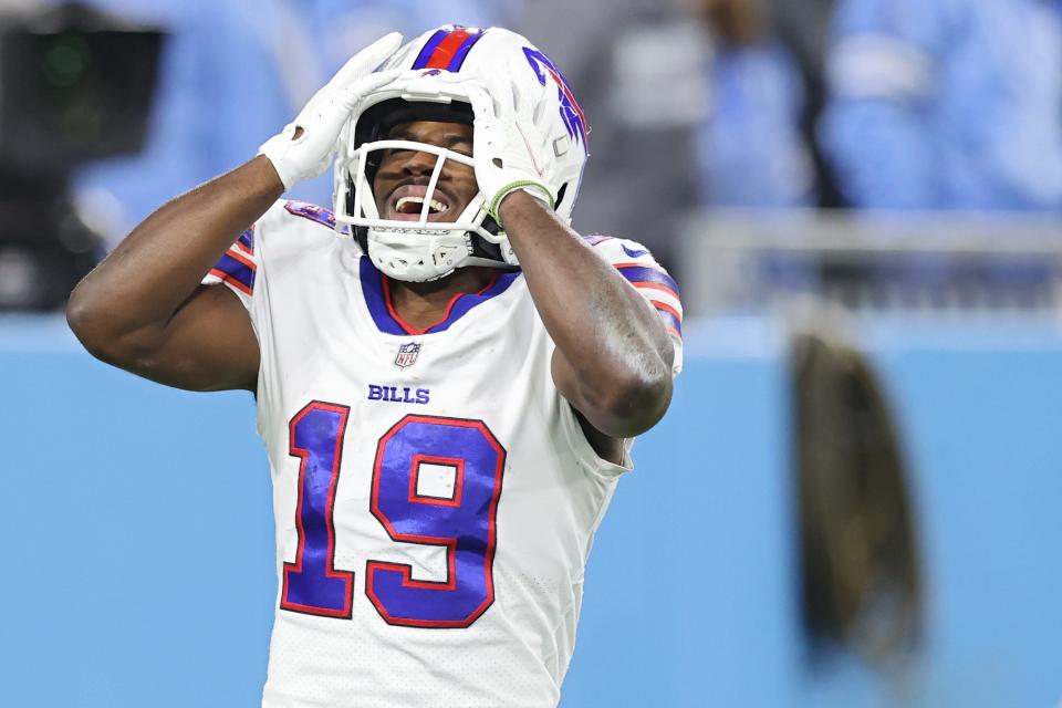 Isaiah McKenzie #19 of the Buffalo Bills reacts after his kick-off return touchdown was called back on a holding penalty against the Tennessee Titans during the fourth quarter at Nissan Stadium on October 18, 2021 in Nashville, Tennessee.