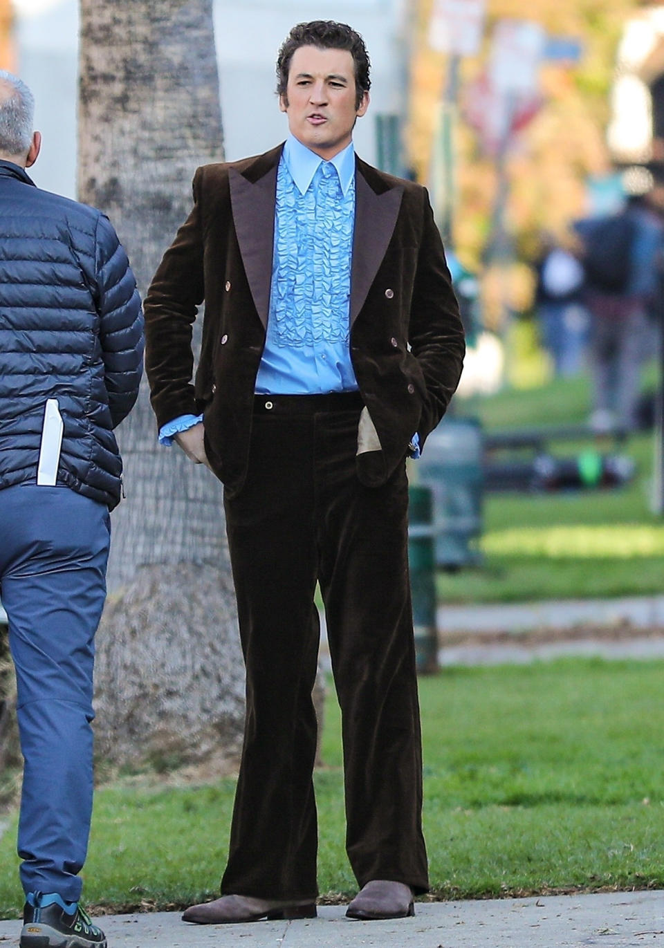 <p>Miles Teller is spotted in a retro look while filming a scene for <i>The Godfather </i>spinoff, <i>The Offer,</i> on Dec. 20 in Hollywood. </p>