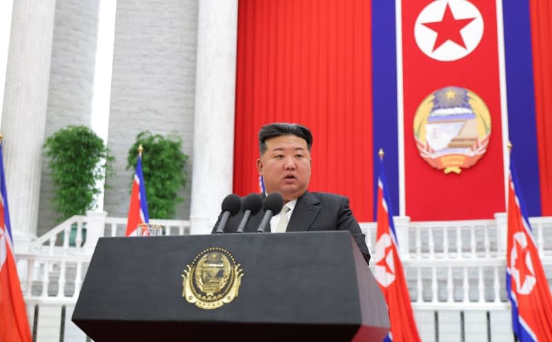 A photo released by North Korea's official Korean Central News Agency (KCNA) on 10 September 2024, shows North Korean leader Kim Jong-un delivering a speech to celebrate the National Foundation Day of the Democratic People's Republic of Korea, as the country is officially known. -/kcna/kns/dpa