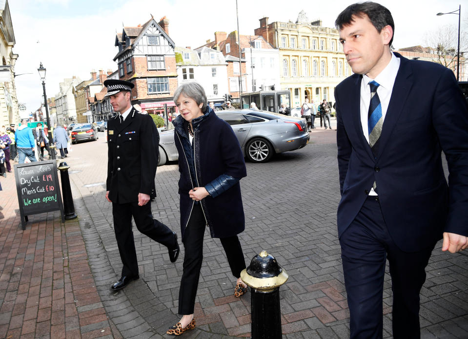 Prime Minister Theresa May arrives in Salisbury, Wiltshire, on Thursday to hear about the emergency services response to the poisoning on March 4. (PA)