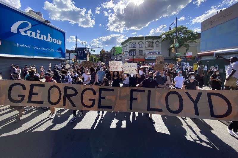 Protesters rally against the death in Minneapolis police custody of Floyd, in the Brooklyn borough of New York City