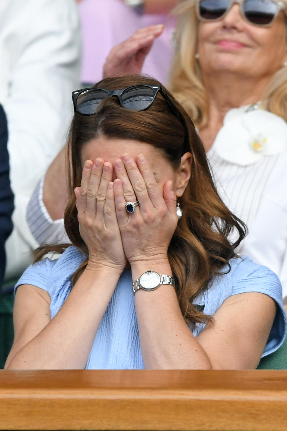 LONDON, ENGLAND - JULY 14: Catherine, Duchess of Cambridge in the Royal Box on Centre court during  Men's Finals Day of the Wimbledon Tennis Championships at All England Lawn Tennis and Croquet Club on July 14, 2019 in London, England. (Photo by Karwai Tang/Getty Images) (Photo by Karwai Tang/Getty Images)