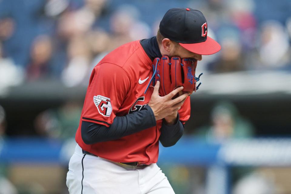 Guardians starting pitcher Tanner Bibee reacts after being relieved during the sixth inning against the Oakland Athletics, April 21, 2024, in Cleveland.