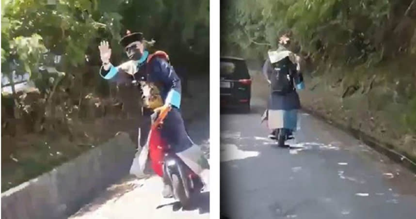 北宜公路上出現一名扮成殭屍的男子，騎乘電動單輪車在道路上，還不時對路過車輛揮手。（民眾提供／吳佩蓉宜蘭傳真）