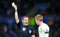 Football Soccer - Leicester City v Manchester City - Barclays Premier League - King Power Stadium - 29/12/15 Referee Craig Pawson shows the yellow card to Manchester City's Kevin De Bruyne Reuters / Darren Staples Livepic