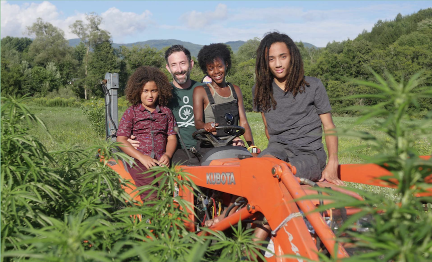 Marlena and Noah Fishman and their children at their cannabis farm in Stowe, Vermont.