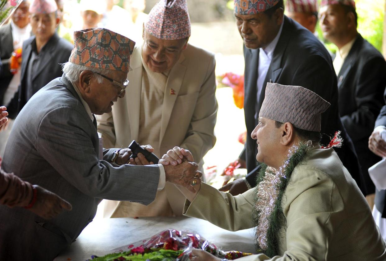 Former King Gyanendra Shah is greeted on his 71st birthday. <a href="https://www.gettyimages.com/detail/news-photo/former-king-gyanendra-shah-receives-greetings-and-gifts-news-photo/810625438?searchscope=image%2Cfilm&adppopup=true" rel="nofollow noopener" target="_blank" data-ylk="slk:Narayan Maharjan/Pacific Press/LightRocket via Getty Images;elm:context_link;itc:0;sec:content-canvas" class="link ">Narayan Maharjan/Pacific Press/LightRocket via Getty Images</a>