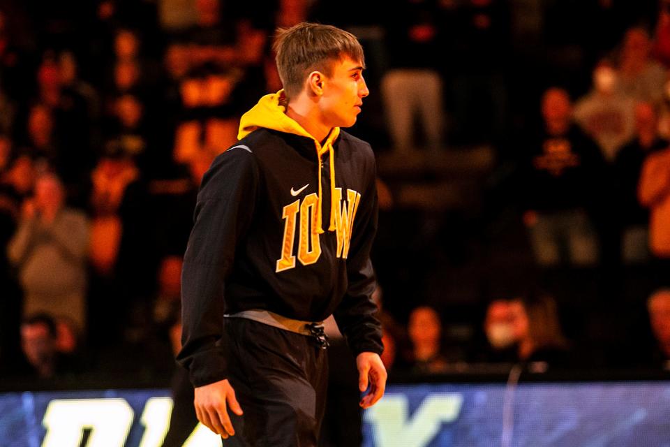 Iowa's Drake Ayala is introduced before a NCAA Big Ten Conference wrestling dual against Minnesota, Friday, Jan. 7, 2022, at Carver-Hawkeye Arena in Iowa City, Iowa.