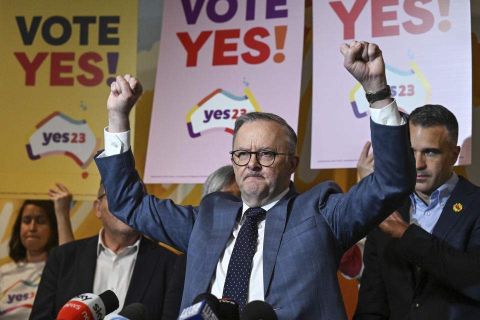 Australian Prime Minister Anthony Albanese shows his support for a yes vote during a visit to Adelaide, Friday, Oct. 13, 2023. Advocates for and against a referendum that would acknowledge Indigenous Australians in the nation's constitution campaigned for a final day on the eve of the first such ballot in Australia in a generation. (Michael Errey/AAP Image via AP)