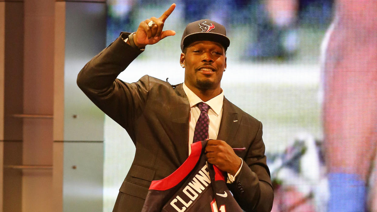 Mandatory Credit: Photo by Gregory Payan/AP/Shutterstock (6016759az)Jedeveon Clowney Jadeveon Clowney is seen on stage with his jersey after being selected first by the Houston Texans at the 2014 NFL Draft at Radio City on Thursday, May 8th, 2014 in New York, NY2014 NFL Draft, New York, USA.