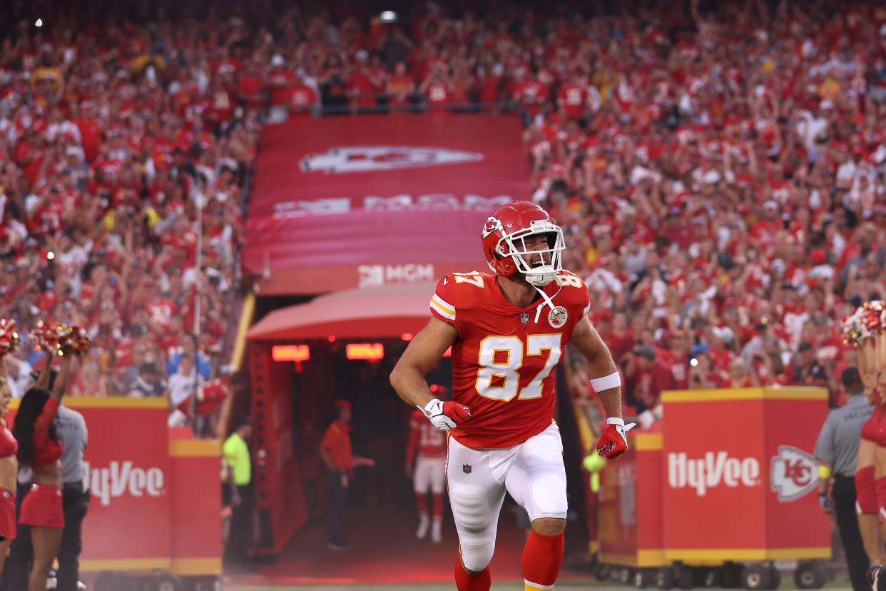 Tight end Travis Kelce leads the Kansas City Chiefs with 322 receiving yards and a 23.1% target share. (Photo by Jamie Squire/Getty Images)ield before the game against the Los Angeles Chargers at Arrowhead Stadium on September 15, 2022 in Kansas City, Missouri. (Photo by Jamie Squire/Getty Images)