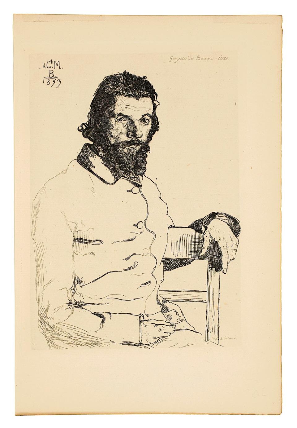 'Portrait of Meryon' (1853) by Félix Bracquemond (French, 1833 – 1914); Etching; Collection of Thomas R. Broker.