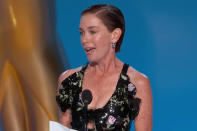 <p><a href="https://people.com/tv/2021-emmy-awards-julianne-nicholson-wins-supporting-actress-limited-series-movie/" rel="nofollow noopener" target="_blank" data-ylk="slk:won her first Emmy Award;elm:context_link;itc:0;sec:content-canvas" class="link ">won her first Emmy Award</a> for her role as Lori Ross in <em>Mare of Easttown, </em>going home with the trophy for outstanding supporting actress in a limited or anthology series or movie. She, too, thanked Kate Winslet, saying, in part, "I owe this to you." </p>