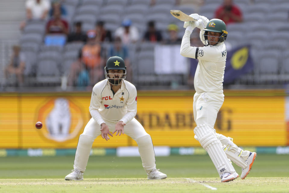 Usman Khawaja of Australia bats during play on the third day of the first cricket test between Australia and Pakistan in Perth, Australia, Saturday, Dec. 16, 2023. (Richard Wainwright/AAP Image via AP)