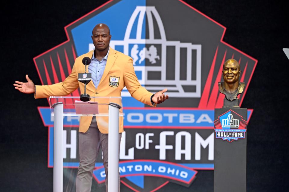 DeMarcus Ware speaks during the Pro Football Hall of Fame enshrinement on Saturday in Canton, Ohio.