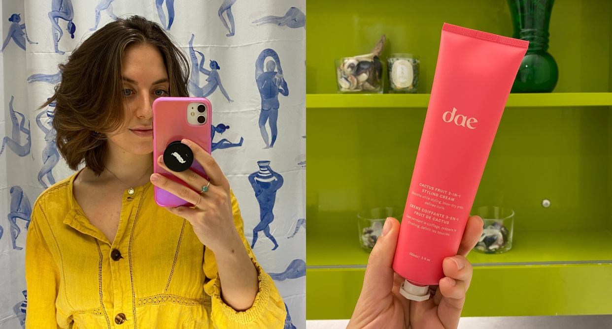 hair, woman with brown hair and yellow shirt taking selfie in mirror, hand holding pink bottle of dae styling cream, Is this celebrity hair product worth the hype? Here's my honest review (Photos via Kayla Kuefler)