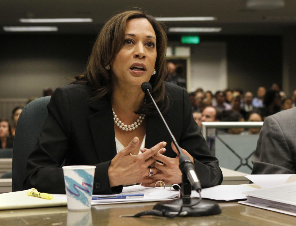 FILE - In this this May 10, 2012 file photo, California Attorney General Kamala Harris appears before an Assembly committee at the Capitol in Sacramento, Calif. Harris was in Washington Wednesday, Feb. 27, 2013, to lobby Congress and the Justice Department for more money to hire state and local law enforcement officers. (AP Photo/Rich Pedroncelli, File)