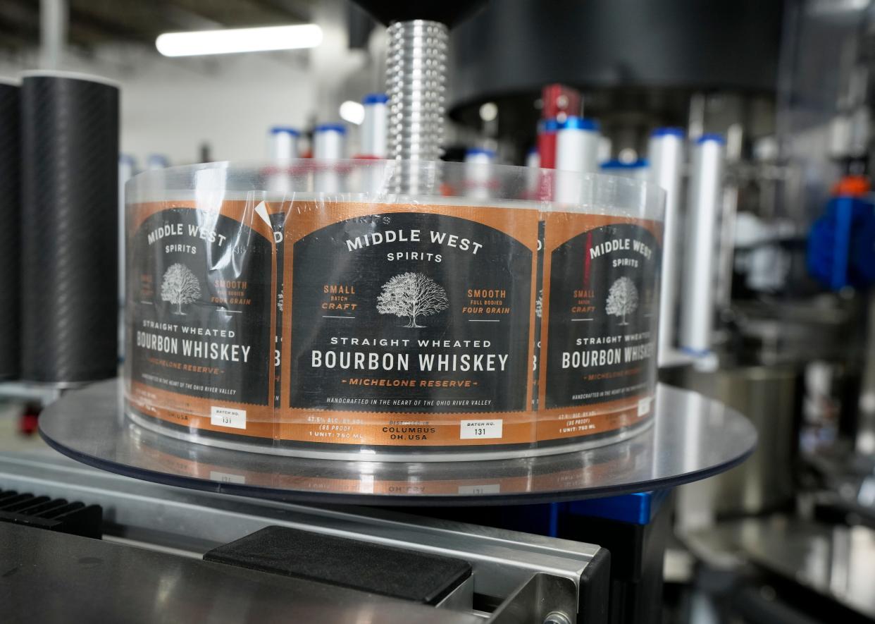 Labels for Middle West Spirits bourbon whiskey are seen inside the company's new distillery.