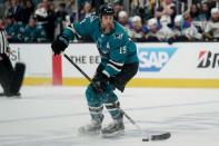 May 19, 2019; San Jose, CA, USA; San Jose Sharks center Joe Thornton (19) controls the puck against the St. Louis Blues during the third period in Game 5 of the Western Conference Final of the 2019 Stanley Cup Playoffs at SAP Center at San Jose. Mandatory Credit: Stan Szeto-USA TODAY Sports