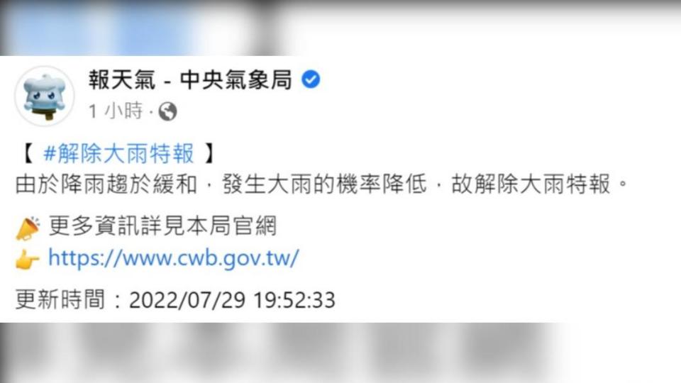 氣象局今晚接近8時才取消大雨特報，過不久便下起大雨。（圖／翻攝自報天氣-中央氣象局臉書）