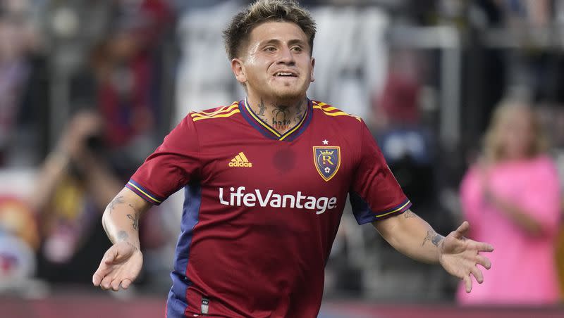 Real Salt Lake midfielder Diego Luna reacts after scoring against New York Red Bulls during the second half of an MLS soccer match Saturday, July 15, 2023, in Sandy, Utah. (AP Photo/Rick Bowmer)
