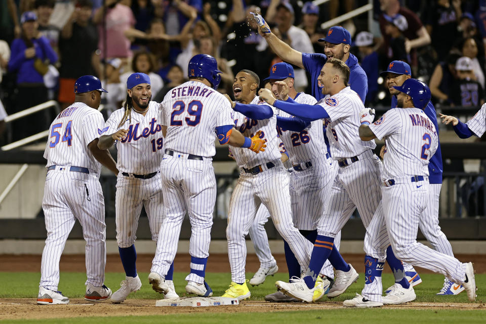 New York Mets' DJ Stewart (29) is congratulated by teammates after he was hit by a pitch with the bases loaded, scoring the winning run against the Texas Rangers during the 10th inning of a baseball game Wednesday, Aug. 30, 2023, in New York. The Mets won 6-5. (AP Photo/Adam Hunger)