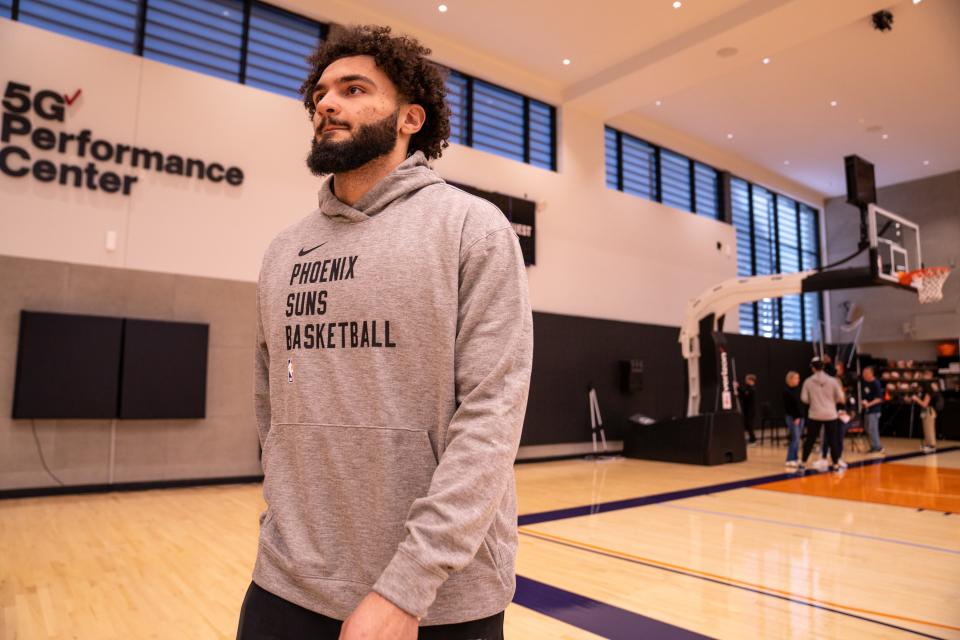 Phoenix Suns’ David Roddy walks away after finishing interviews with media at the Verizon 5G Performance Center in Phoenix on February 9, 2024.