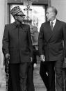 In this Sept.6, 1979 file photo, Zaire's President Mobutu Sese Seko, left, walks with French President Valery Giscard d'Estaing after a meeting at the Elysee Palace in Paris. Valery Giscard d’Estaing, the president of France from 1974 to 1981 who became a champion of European integration, has died Wednesday, Dec. 2, 2020 at the age of 94, his office and the French presidency said. (AP Photo, File)