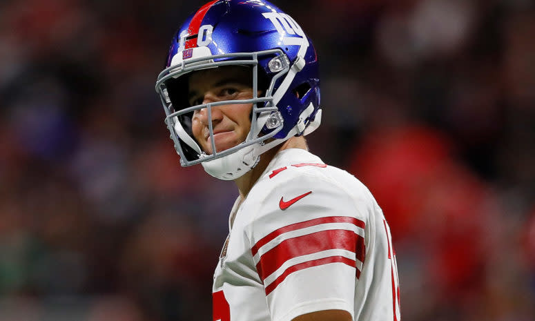 A closeup of Eli Manning during a Giants game.