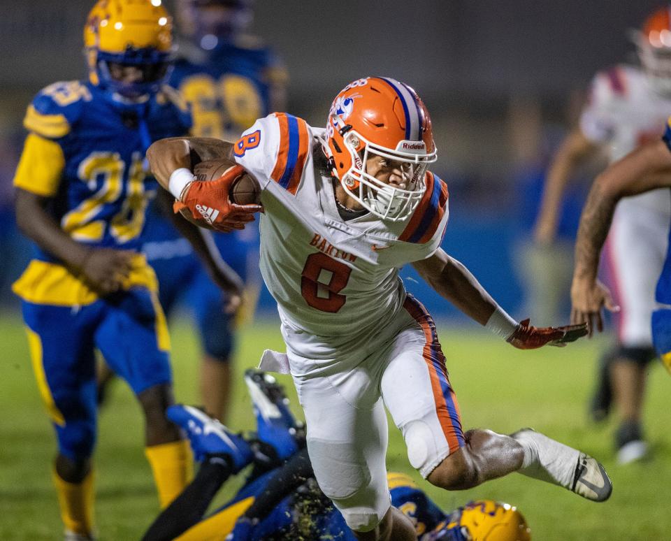 Bartow (8) Darrell Galva runs for yardage as he is tackled by Auburndale defenders during first half action in Auburndale Fl. Friday September 22 ,2023.
Ernst Peters/The Ledger