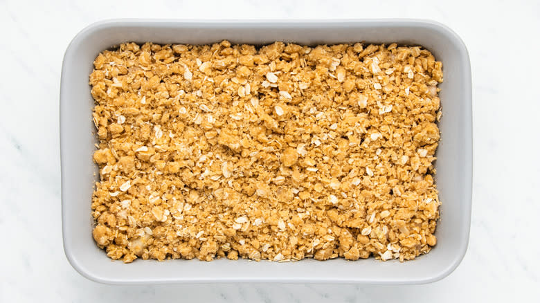 Pear crisp in baking dish