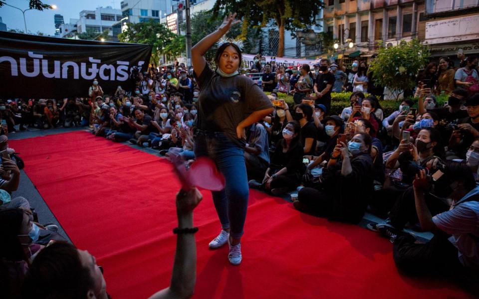 Protester held a mock fashion show to lampoon the monarchy - Lauren DeCicca/Getty Images