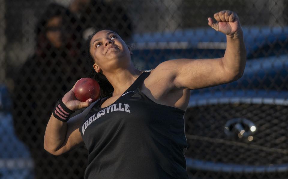 Noblesville High School junior Hannah Alexander competes in the Shot Put event during a Hoosier Crossroad Conference girlsâ€™ track meet, Wednesday, May 3, 2023, at Hamilton Southeastern High School.