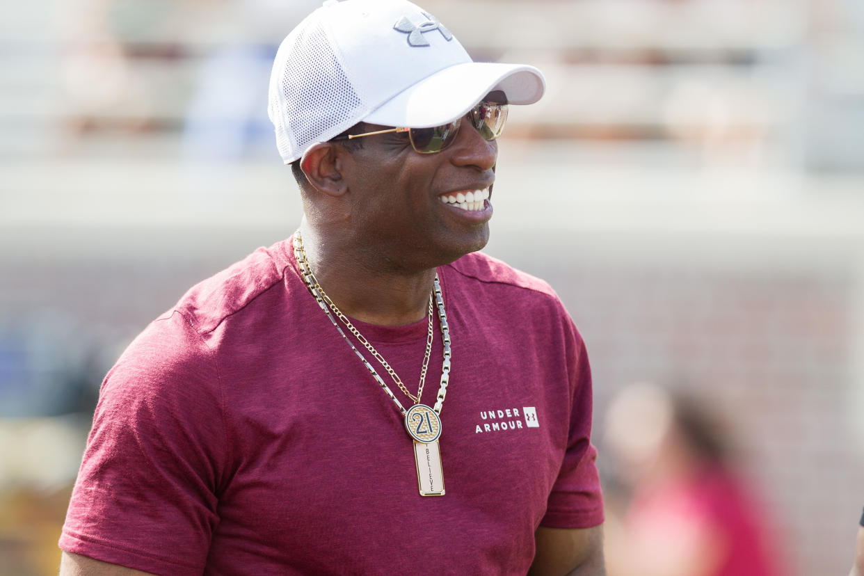 TALLAHASSEE, FL - APRIL 06: Former Florida State cornerback Deion Sanders smiles during the Florida State Garnet vs. Gold Spring Game at Bobby Bowden Field at Doak Campbell in Tallahassee, FL on April 6th, 2019. (Photo by Logan Stanford/Icon Sportswire via Getty Images)