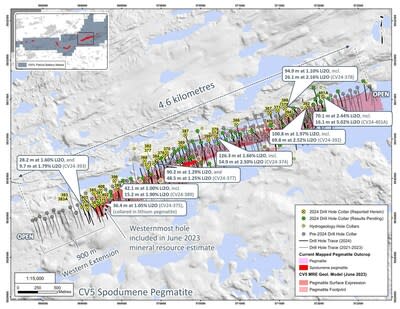 Figure 1: Drill holes completed at the CV5 Spodumene Pegmatite through April 2024. 