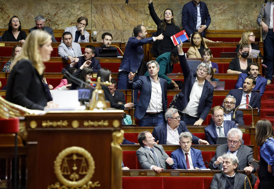 Le parti La France Insoumise (LFI) en session à l’Assemblée nationale le 17 février 2023. (Photo by Ludovic MARIN / AFP)