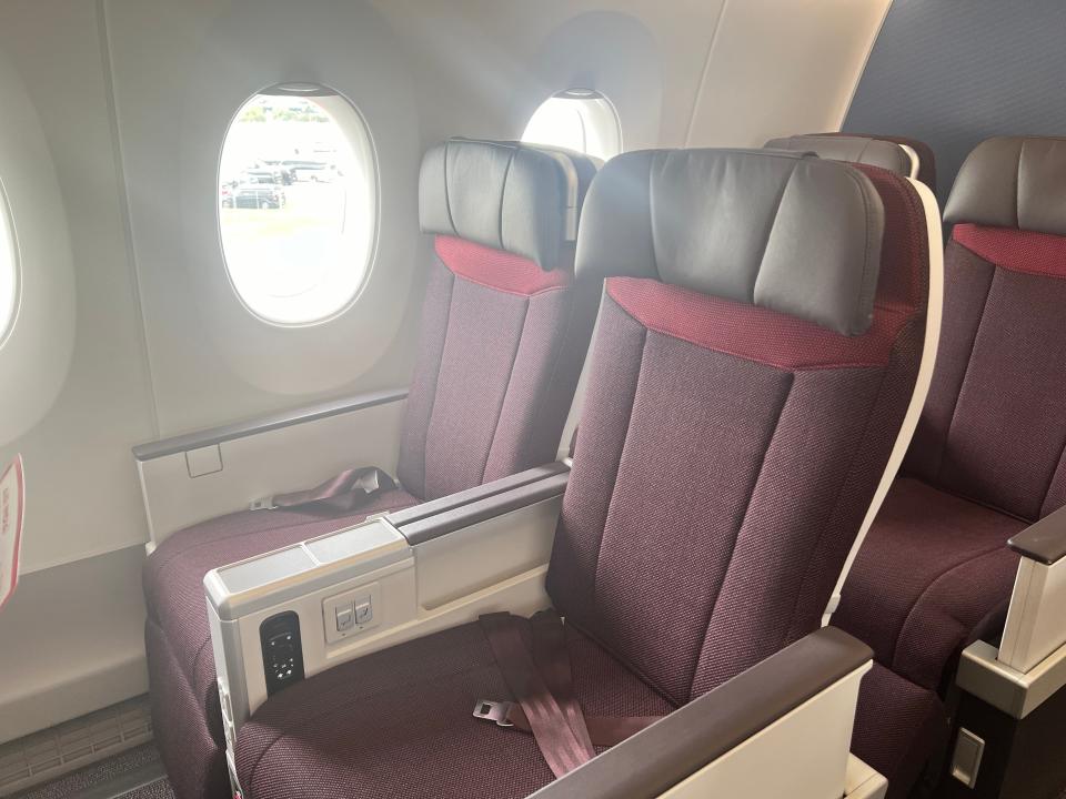 Two premium economy seats on an Air India A350 at the Farnborough Airshow.