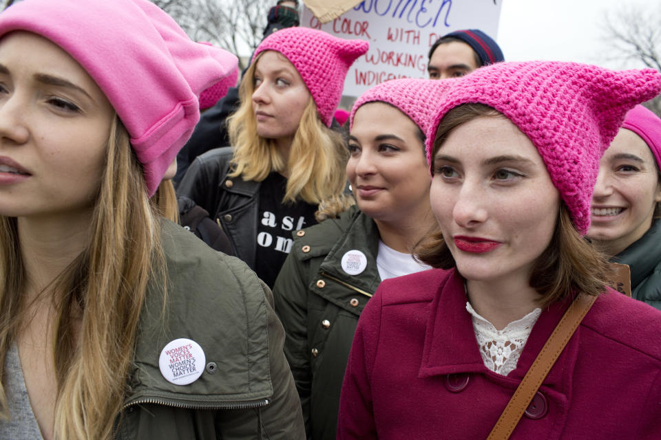 Marchers in Washington in 2017. Participants and people unable to attend wore Pussyhats to show solidarity in support of women’s rights. (Andrew Lichtenstein via Getty Images)