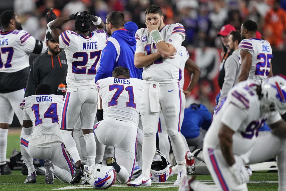 CINCINNATI, OHIO - JANUARY 02: Josh Allen #17 of the Buffalo Bills reacts after teammate Damar Hamlin #3 collapsed following a tackle against the Cincinnati Bengals during the first quarter at Paycor Stadium on January 02, 2023 in Cincinnati, Ohio. (Photo by Dylan Buell/Getty Images)