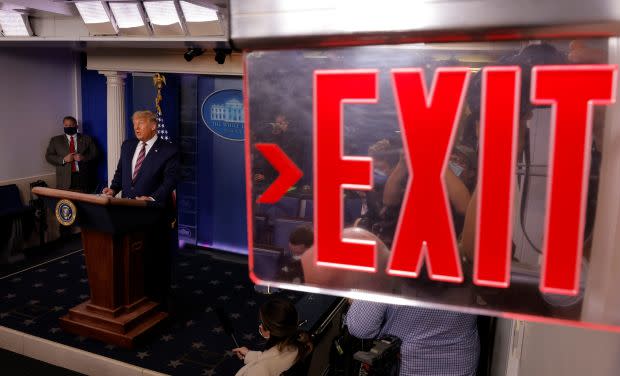 U.S. President Donald Trump speaks about the 2020 U.S. presidential election results in the Brady Press Briefing Room at the White House in Washington, U.S., November 5, 2020.