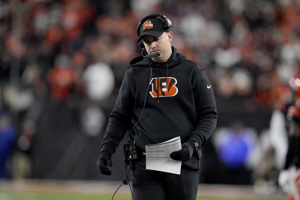 Cincinnati Bengals head coach Zac Taylor watches from the sidelines in the first half of an NFL wild-card playoff football game against the Baltimore Ravens in Cincinnati, Sunday, Jan. 15, 2023. (AP Photo/Jeff Dean)